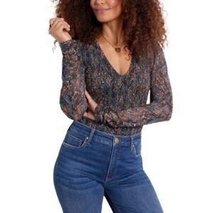 Evereve Top Womens Small Blue Floral Kate Smocked Mesh Sleeve Whimsigoth Fairy